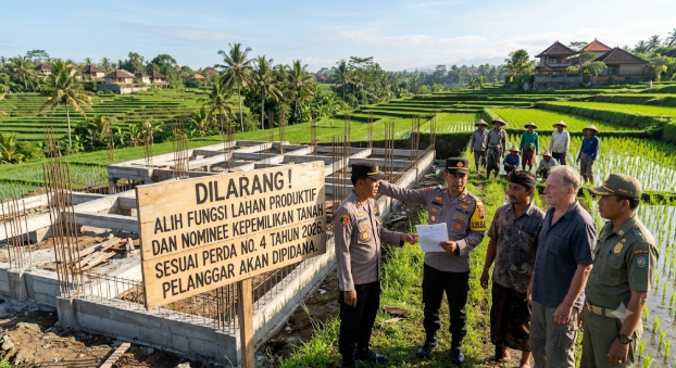 Petugas di lokasi pembangunan di lahan sawah Bali sesuai Perda No. 4 Tahun 2026