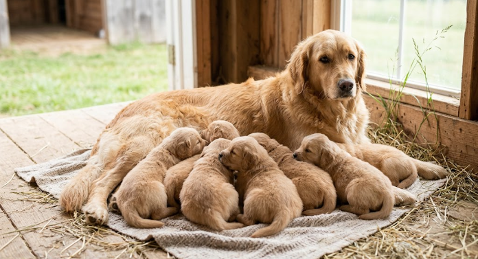 Induk anjing menyusui sekelompok anak anjing