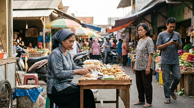 Perempuan Indonesia berjualan di pasar tradisional Bali