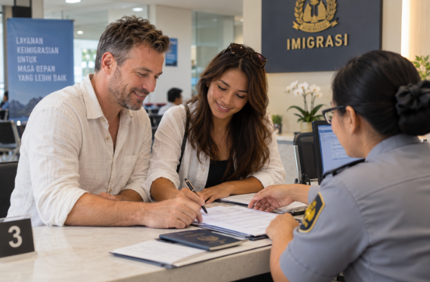 Pasangan WNA mengurus KITAS di kantor imigrasi Indonesia