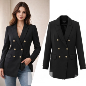 Classic Double-Breasted Tailored Blazer – Black