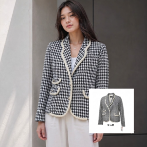 Houndstooth Tweed Blazer with Braided Trim