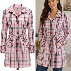 Pink Plaid Belted Smart Trench Jacket