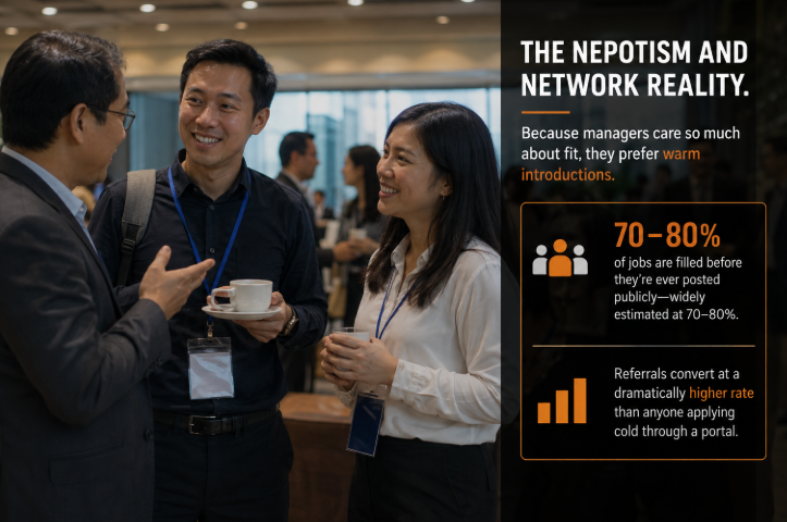 professionals networking, showing how the broken job market really hires