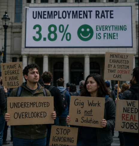 woman holding a need a job sign in the broken job market